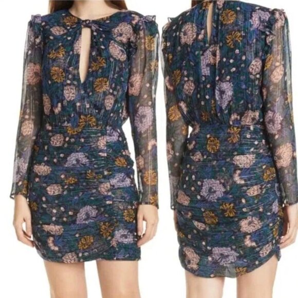 Veronica Beard Peppa Floral Mini Dress Floral Print Metallic Silk Chiffon Size 0 - Picture 4 of 12